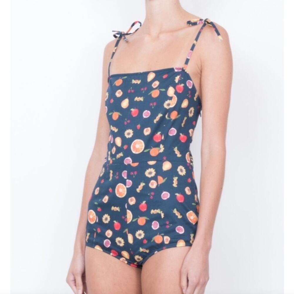 LHD Sainte Tie Tank BodySuit, Retro Mini Fruit Navy Blue, 2, Pinup Twee Cherry